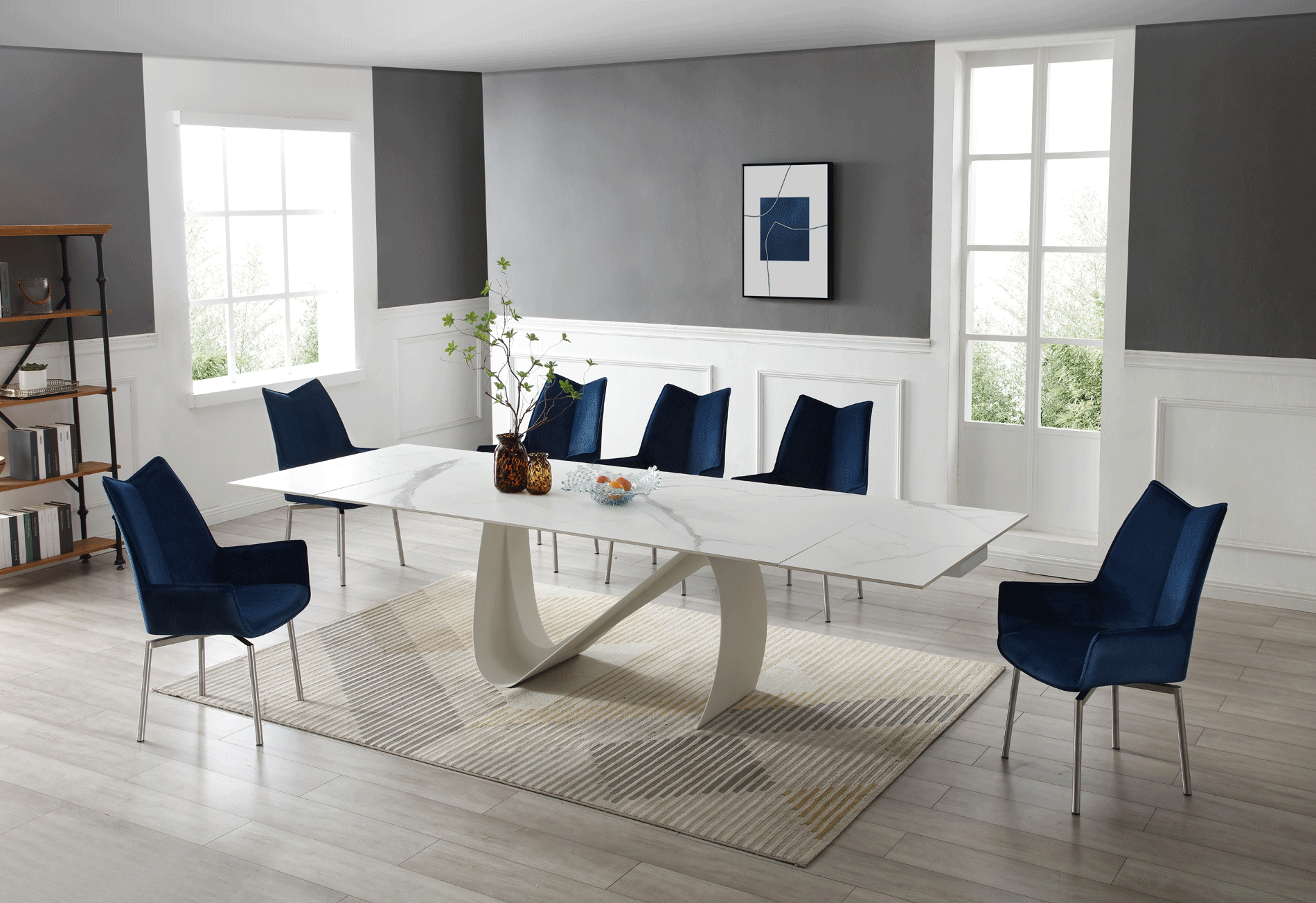 Living Room Furniture Sofas Loveseats and Chairs 9087 Table White with 1218 swivel blue chair